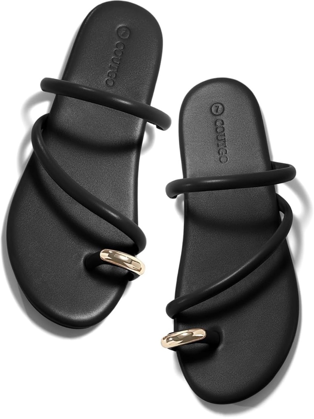 Coutgo Black Strappy Toe-Ring Sandals with Gold Accent